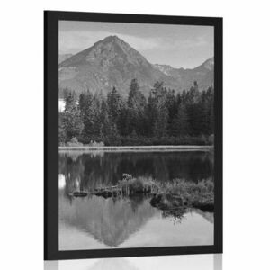 Plakat piękna panorama gór nad jeziorem w czerni i bieli obraz