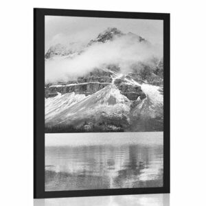 Plakat jezioro w pobliżu pięknej góry w czerni i bieli obraz