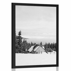 Plakat domek w śnieżnej naturze w czarno-białym kolorze obraz