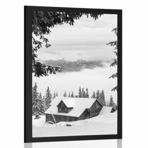 Plakat drevený domček pri zasnežených boroviciach v čiernobielom prevedení obraz