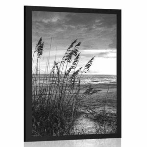 Plakat zachód słońca na plaży w czarno-białym kolorze obraz
