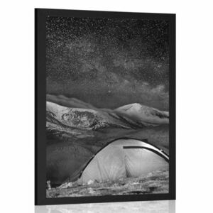 Plakat namiot pod nocnym niebem w czerni i bieli obraz