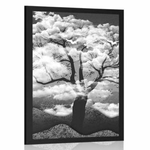 Plakat czarno-białe drzewo pokryte chmurami obraz