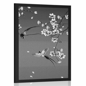 Plakat czarno-białe ptaki na gałęzi drzewa obraz