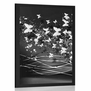 Plakat piękny jeleń z motylami w czarno-biały wzór obraz