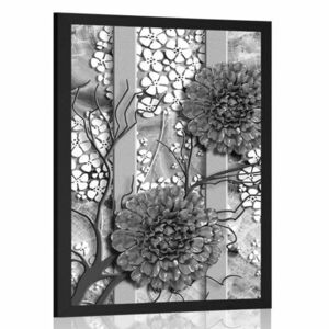 Plakat abstrakcyjne kwiaty na marmurowym tle w czerni i bieli obraz