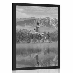 Plakat kościół nad jeziorem Bled w Słowenii w czerni i bieli obraz