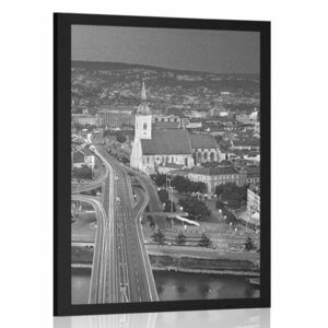 Plakat widok na Bratysławę nocą w czerni i bieli obraz