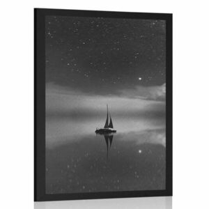 Plakat łódź na morzu w czerni i bieli obraz