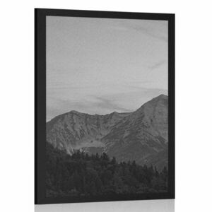 Plakat zachód słońca w górach w czerni i bieli obraz