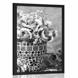 Plakat kwiaty goździków w czarno-białej mozaikowej doniczce obraz