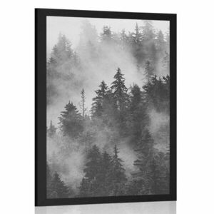Plakat góry we mgle w czerni i bieli obraz