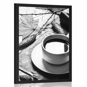 Plakat filiżanka kawy w jesiennym nastroju w czerni i bieli obraz
