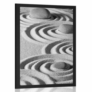 Plakat Kamienie Zen w piaskowych kręgach w czarno-białym wzorze obraz