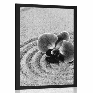 Plakat piaszczysty ogród zen ze storczykiem czarno-biały obraz