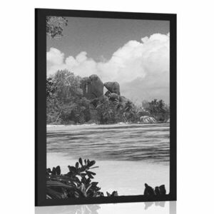 Plakat piękna plaża na wyspie La Digue w czerni i bieli obraz