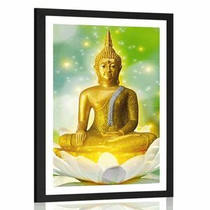 Plakat z passe-partout złoty Budda na kwiecie lotosu obraz