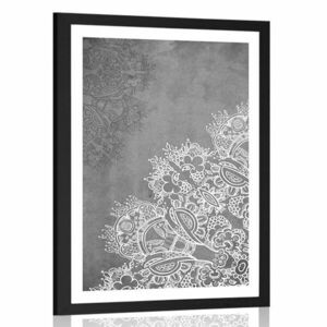 Plakat z passe-partout elementy kwiatowej mandali w czerni i bieli obraz