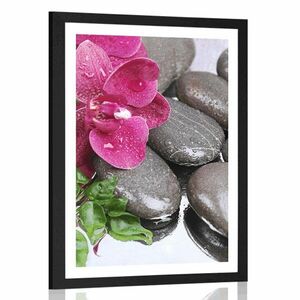 Plakat z passe-partout kwitnąca orchidea i kamienie wellness obraz
