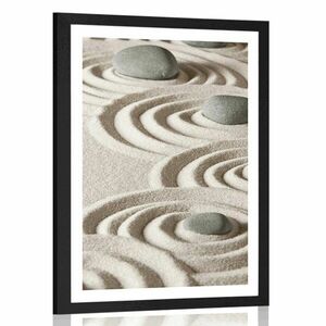 Plakat z passe-partout Kamienie Zen w piaszczystych kręgach obraz
