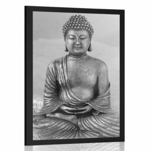 Plakat posąg Buddy w pozycji medytacyjnej w czerni i bieli obraz