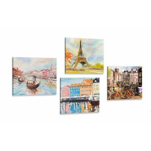 Zestaw obrazów malowane miasta w pastelowych kolorach obraz