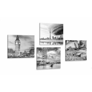 Zestaw obrazów tajemnicze miasta w wersji czarno-białej obraz
