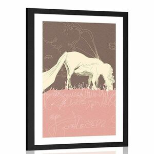 Plakat z passepartout koń na różowej łące obraz