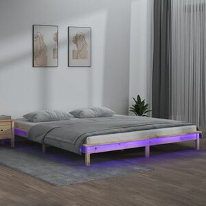 vidaXL Rama łóżka z LED, 150x200 cm, King Size, lite drewno obraz