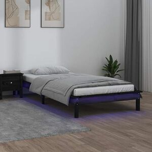 vidaXL Rama łóżka z LED, czarna, 75x190 cm, pojedyncza, lite drewno obraz