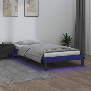 vidaXL Rama łóżka z LED, szara, 90x190 cm, pojedyncza, lite drewno obraz