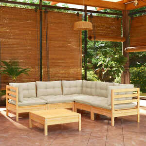 vidaXL 6-cz. zestaw wypoczynkowy do ogrodu, kremowe poduszki, sosnowy obraz