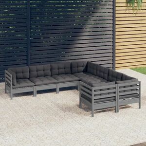 vidaXL 8-cz. zestaw wypoczynkowy do ogrodu, szare poduszki, sosnowy obraz