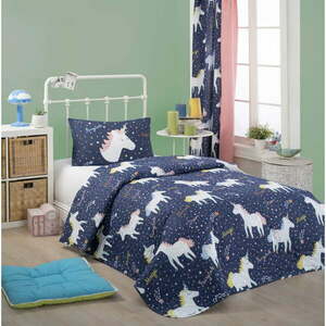 Zestaw narzuty na łóżko i poszewki na poduszkę z domieszką bawełny Eponj Home Magic Unicorn Dark Blue, 160x220 cm obraz
