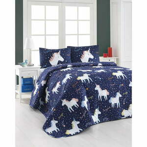 Zestaw pikowanej narzuty na łóżko i 2 poszewek na poduszki Eponj Home Magic Unicorn Dark Blue, 200x220 cm obraz