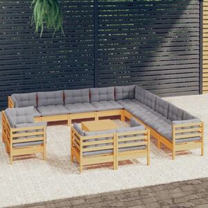 vidaXL 14-cz. zestaw wypoczynkowy do ogrodu, szare poduszki, sosnowy obraz
