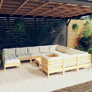 vidaXL 12-cz. zestaw wypoczynkowy do ogrodu, kremowe poduszki, sosnowy obraz