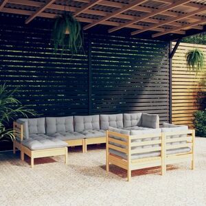vidaXL 9-cz. zestaw wypoczynkowy do ogrodu, szare poduszki, sosna obraz