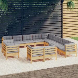 vidaXL 13-cz. zestaw wypoczynkowy do ogrodu, szare poduszki, sosnowy obraz