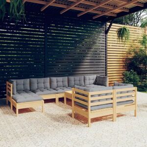 vidaXL 10-cz. zestaw wypoczynkowy do ogrodu, szare poduszki, sosnowy obraz