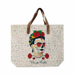 Beżowa torba płócienna z uchem z ekoskóry Madre Selva Frida Skull, 55x40 cm obraz