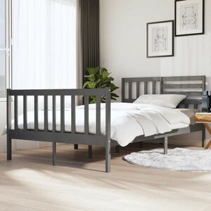 vidaXL Rama łóżka, szara, 135x190 cm, lite drewno obraz