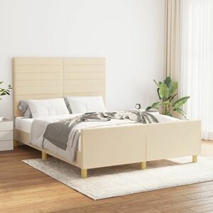 vidaXL Rama łóżka z zagłówkiem, kremowa, 140x190 cm, obita tkaniną obraz