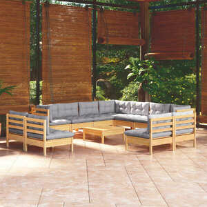 vidaXL 12-cz. zestaw wypoczynkowy do ogrodu, szare poduszki, sosnowy obraz