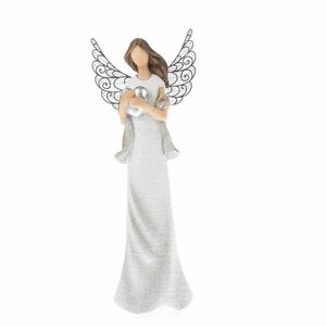 Polyresinowy anioł ze sercem i metalowymi skrzydłami biały, 19 x 7 cm obraz