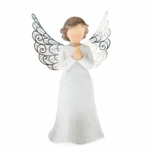 Polyresinowy anioł z metalowymi skrzydłami biały, 12 x 7 cm obraz