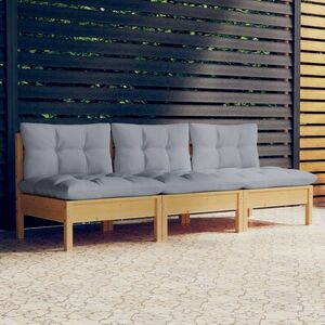 vidaXL 3-osobowa sofa ogrodowa z szarymi poduszkami, drewno sosnowe obraz