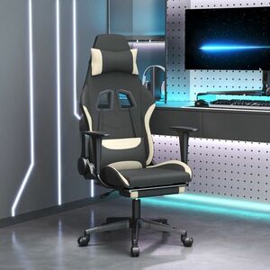 vidaXL Fotel gamingowy z podnóżkiem i masażem, czarno-kremowy, tkanina obraz
