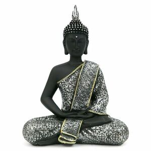 Figurka Siedzący Budda Z Szarfą Czarna Srebrna 30 obraz