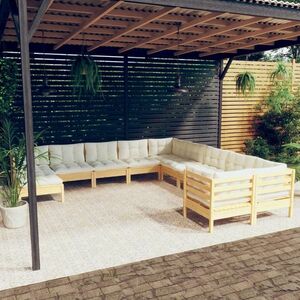 vidaXL 11-cz. zestaw wypoczynkowy do ogrodu, kremowe poduszki, sosnowy obraz
